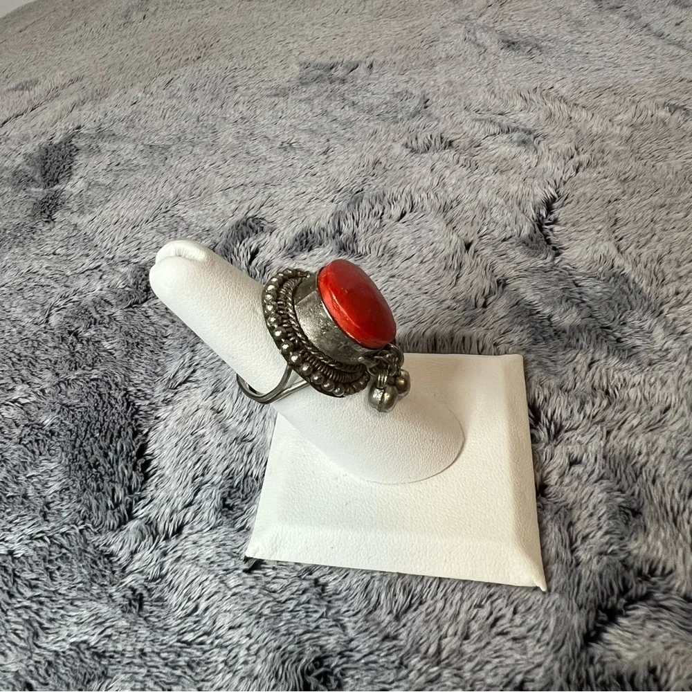 Vintage Red Coral Silver Hat Ring with Bell Charms Adjustable